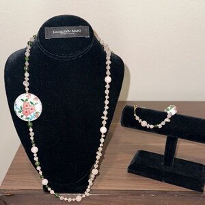 New Rose Quartz & Nephrite Jade authentic gemstones w/ Floral design Necklace.